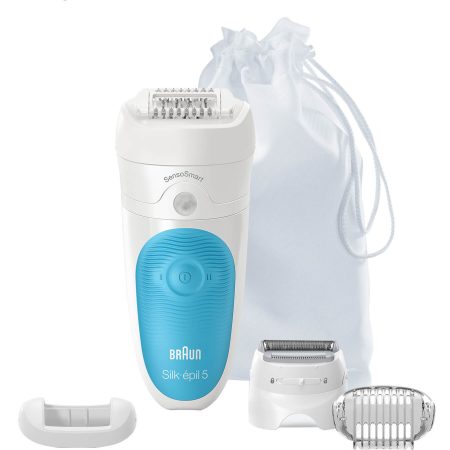 Epilator Braun Silk-epil 5 SensoSmart 5/890, 28 pensete, 2 viteze, Umed/Uscat, Alb/Albastru