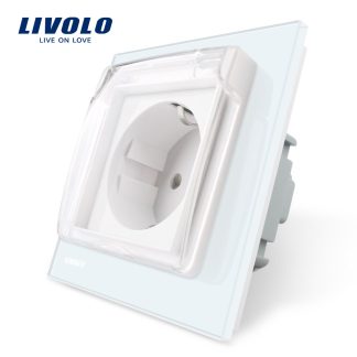 Priza simpla Livolo cu rama din sticla si capac de protectie rezistent la apa