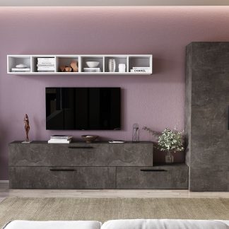 Living Pati 107 - Mobila Sufragerie Gri Beton + Alb