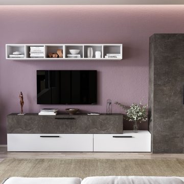 Living Pati 109 - Mobila Sufragerie Gri Beton + Alb