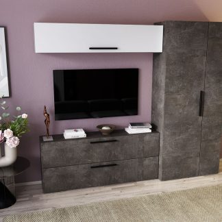 Living Pati 113 - Mobila Sufragerie Gri Beton + Alb