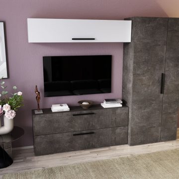 Living Pati 113 - Mobila Sufragerie Gri Beton + Alb