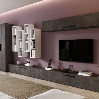 Living Pati 115 - Mobila Sufragerie Gri Beton + Alb