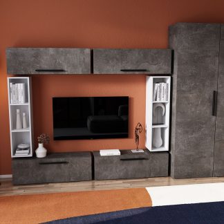 Living Pati 127 - Mobila Sufragerie Gri Beton + Alb