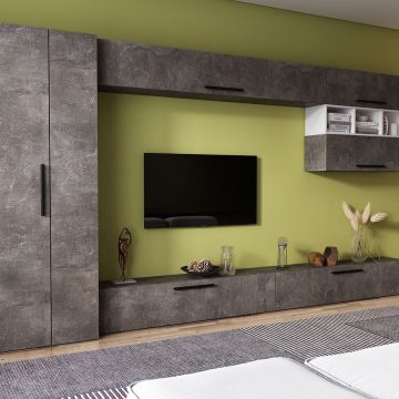 Living Pati 135 - Mobila Sufragerie Gri Beton + Alb