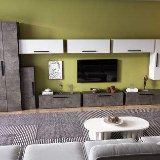 Living Pati 141 - Mobila Sufragerie Gri Beton + Alb