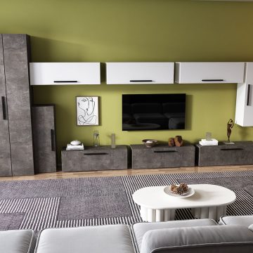 Living Pati 141 - Mobila Sufragerie Gri Beton + Alb