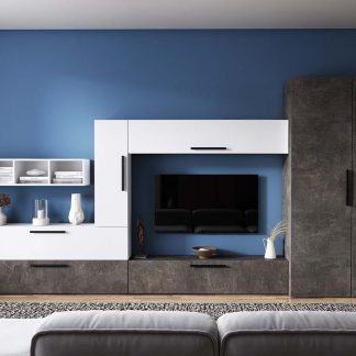 Living Pati 185 - Mobila Sufragerie Gri Beton + Alb