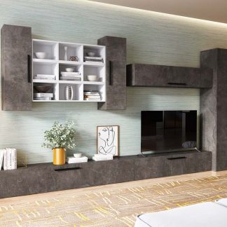 Living Pati 188 - Mobila Sufragerie Gri Beton+ Alb