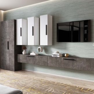 Living Pati 193 - Mobila Sufragerie Gri Beton + Alb