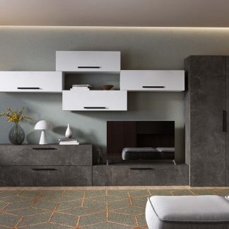 Living Pati 221 - Mobila Sufragerie Gri Beton + Alb