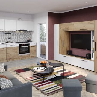 Pachet Mobila Bucatarie + Living Stejar / Alb
