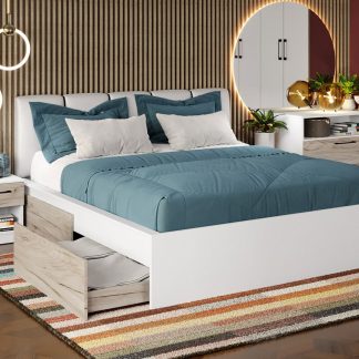 Pat Alb + Stejar K02 Tapitat optional lada de depozitare 180x200 2 sertare