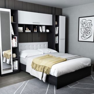 Set Mobila Dormitor Mario 2.87m pat incadrat si oglinda tapitat alb