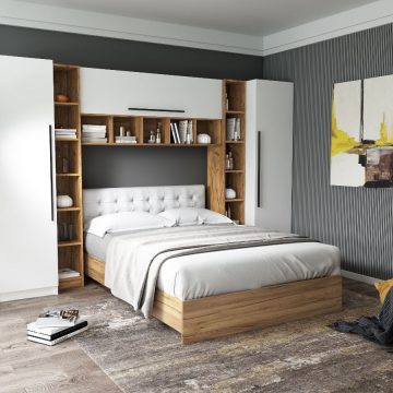 Set Dormitor Timea 3.12m cu pat tapitat Alb incadrat