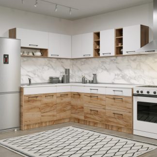 Set Mobila Bucatarie Colt Gastro 180*220 Alb/Stejar - C40