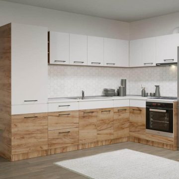 Set Mobila Bucatarie Colt Gastro 300*160 Alb/Stejar - C31