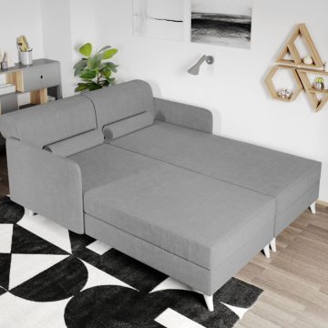 Divan dublu / Pat matrimonial tapitat Gri Deschis Round Rabatabil