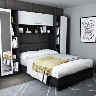 Set Mobila Dormitor Mario 2.87m pat incadrat si oglinda tapitat wenge