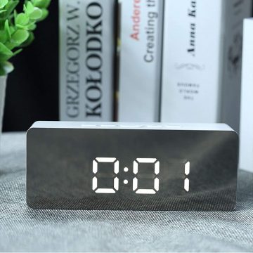 Mini ceas desteptator LED cu termometru si oglinda, dreptunghiular