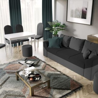 Pachet Mobila Canapea Cali Gri Antracit / Negru + Masa Grand Alba + 4 Scaune Grand Gri Inchis