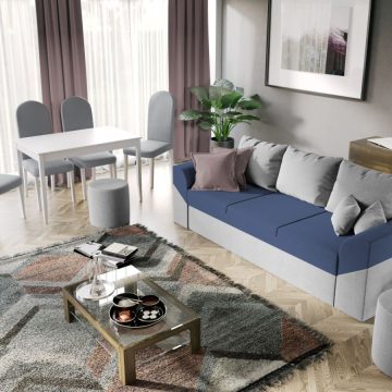 Pachet Mobila Canapea Cali Gri / Petrol + Masa Grand Alba + 4 Scaune Grand Gri Deschis