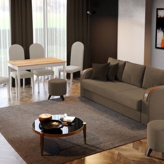 Pachet Mobila Canapea Morelia Cappuccino + Masa Grand Stejar Auriu + 4 Scaune Grand Crem