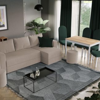 Pachet Mobila Coltar Alfa Crem + Masa Grand Stejar Auriu + 4 Scaune Grand Verde