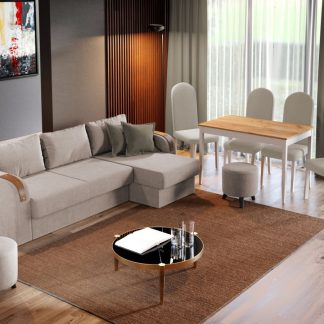 Pachet Mobila Coltar Morelia Crem + Masa Grand Stejar Auriu + 4 Scaune Grand Crem