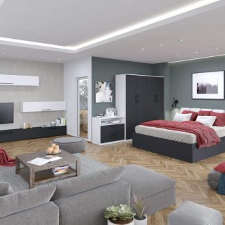 Pachet Mobila Dormitor + Living Gri Antracit / Alb