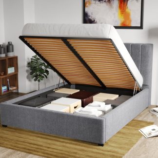 Pat Tapitat Adam cu somiera rabatabila si lada de depozitare Gri - Eden 18 180x200