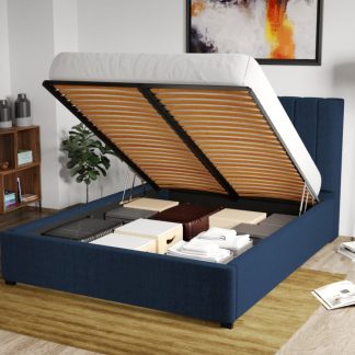 Pat Tapitat Adam cu somiera rabatabila si lada de depozitare Bleumarin - Falcone 80 140x200