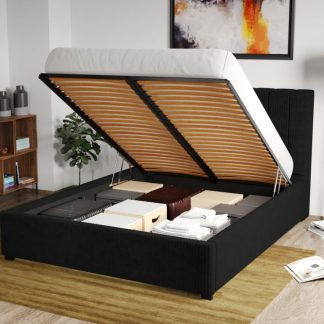 Pat Tapitat Adam cu somiera rabatabila si lada de depozitare Negru - Poso 135 90 x 200