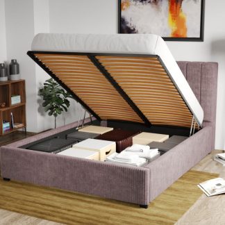 Pat Tapitat Adam cu somiera rabatabila si lada de depozitare Roz - Poso 27 90 x 200