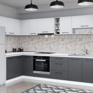 Set Mobila Bucatarie Colt Mina Dual 140*300 Gri Antracit/Alb C115