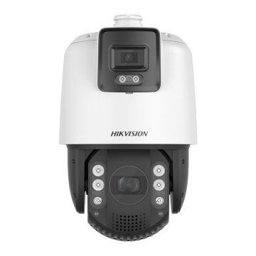 Camera supraveghere rotativa IP Speed Dome PTZ Duala Hikvision TandemVu DS-2SE7C432MW-AEB(14F1)(O-STD)(P3), 4 MP, 5.9 - 188.8 mm / 4 mm, motorizat, lumina alba 30 m, IR 200 m, stroboscop, slot card, x32, Hi-PoE