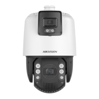 Camera supraveghere rotativa IP Speed Dome PTZ Duala Hikvision TandemVu DS2SE7C425MWAEB14F, 4 MP, 4.8 - 120 mm / 4 mm, motorizat, lumina alba 30 m, IR 200 m, stroboscop, slot card, x25, Hi-PoE, auto tracking