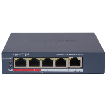 Switch cu 4 porturi PoE Hikvision DS-3E1105P-EI(V2), 10/100Mbps, 1 uplink, cu management
