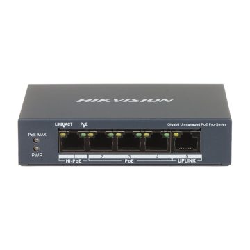 Switch cu 5 porturi Gigabit Hikvision DS-3E0505HP-E, 10 Gbps, 7.44 Mpps, 2000 MAC, Hi-PoE, fara management