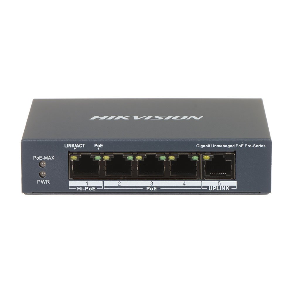 Switch cu 5 porturi Gigabit Hikvision DS-3E0505HP-E, 10 Gbps, 7.44 Mpps, 2000 MAC, Hi-PoE, fara management
