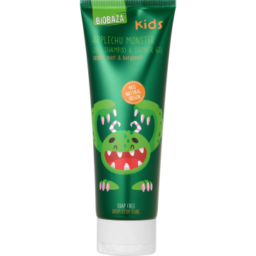 Sampon si Gel de Dus pentru Copii cu Ulei de Menta, Bergamota si Parfum de Mar Applechu Monster 250ml