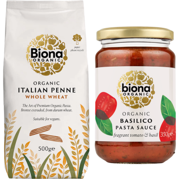 Pachet Penne Integrale din Grau Dur Ecologice/Bio 500g + Sos de Rosii cu Busuioc pentru Paste Ecologic/Bio 350g