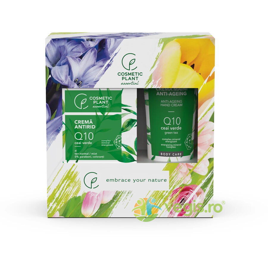 Set Essential cu Extract de Ceai Verde (Crema Antirid de Zi Q10 50ml + Crema de Maini Q10 100ml)