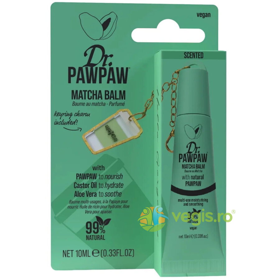 Balsam de Buze Multifunctional cu Extract de Papaya, Ulei de Ricin si Aloe Vera cu Breloc Matcha 10ml