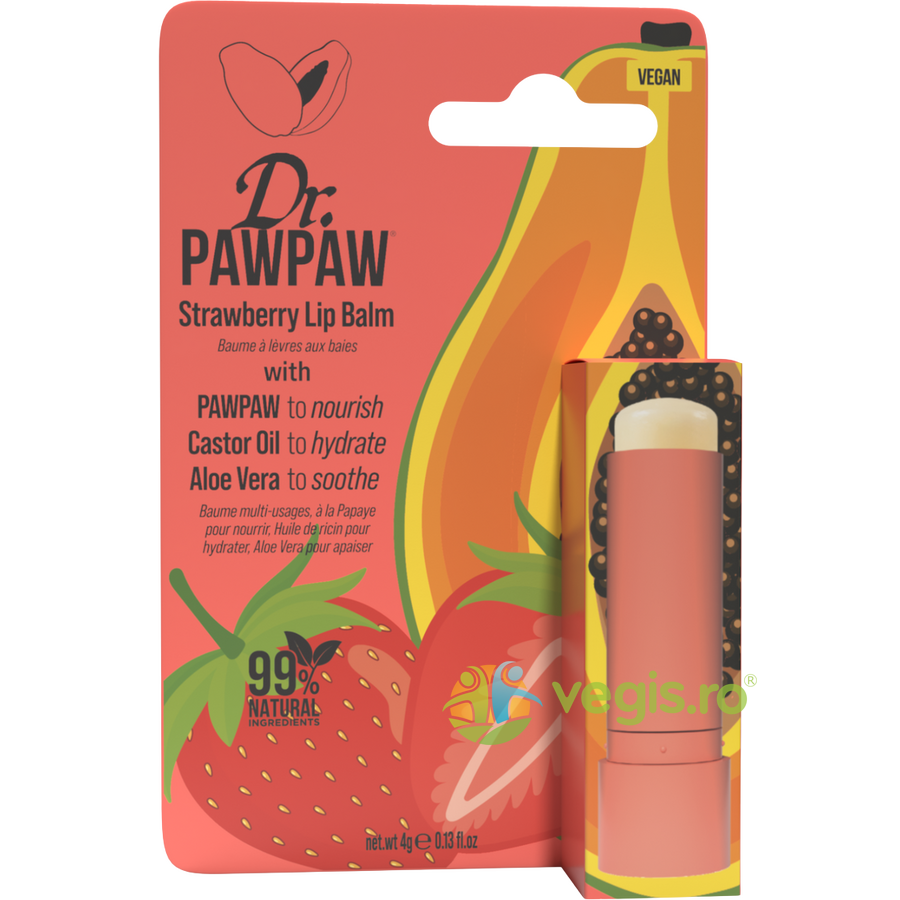 Balsam pentru Buze cu Ulei de Ricin si Aloe Vera cu Aroma de Capsuni si Pawpaw 4g