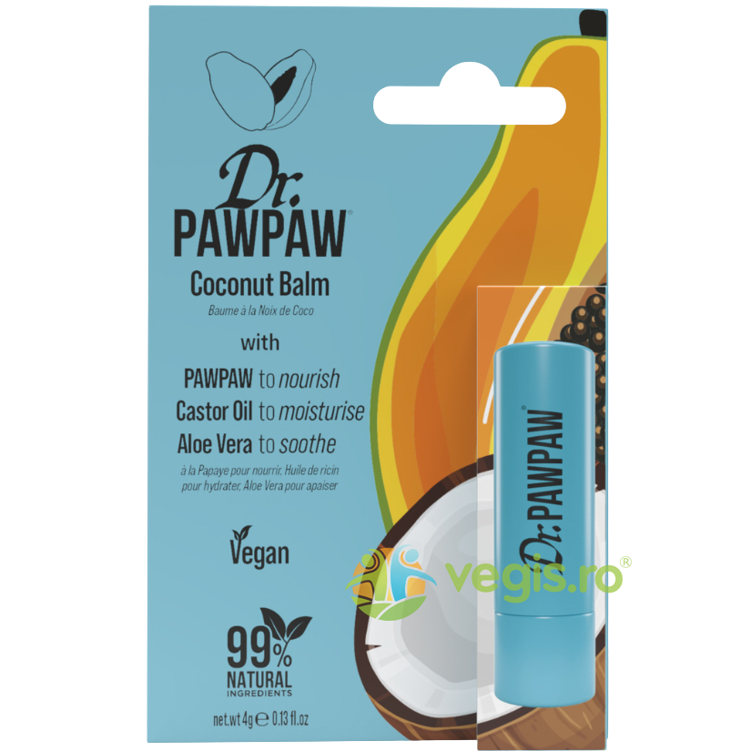 Balsam Stick pentru Buze cu Ulei de Ricin si Aloe Vera cu Aroma de Cocos si Pawpaw 4g