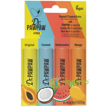Set 4 Balsamuri de Buze cu Pawpaw, Ulei de Ricin si Aloe Vera Original & Tropical Balms 4x4g