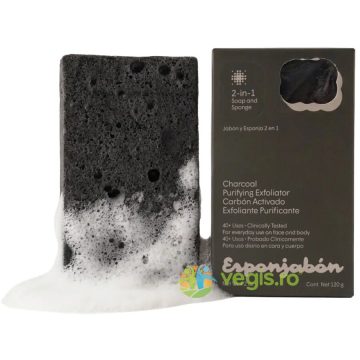 Burete de Baie si Sapun Incorporat 2 in 1 cu Efect Purifiant si Exfoliant cu Carbune Activ 120g