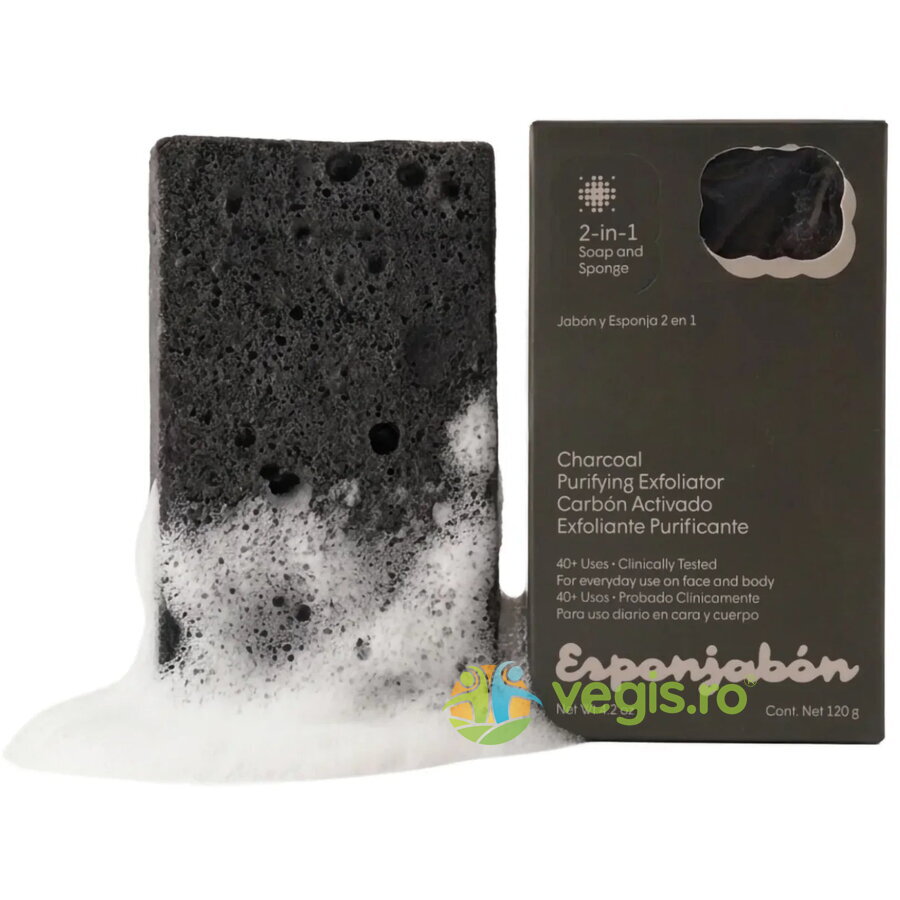 Burete de Baie si Sapun Incorporat 2 in 1 cu Efect Purifiant si Exfoliant cu Carbune Activ 120g