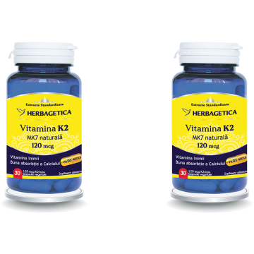 Pachet Vitamina K2 MK7 Naturala 120mcg 30cps + 30cps (50% reducere la al doilea produs)